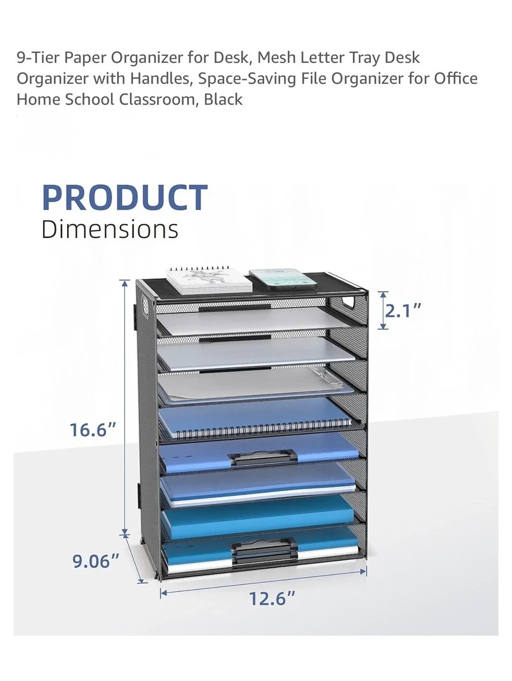 9-Tier Black Mesh Paper Organizer with Handles and Sliding Trays for Desk